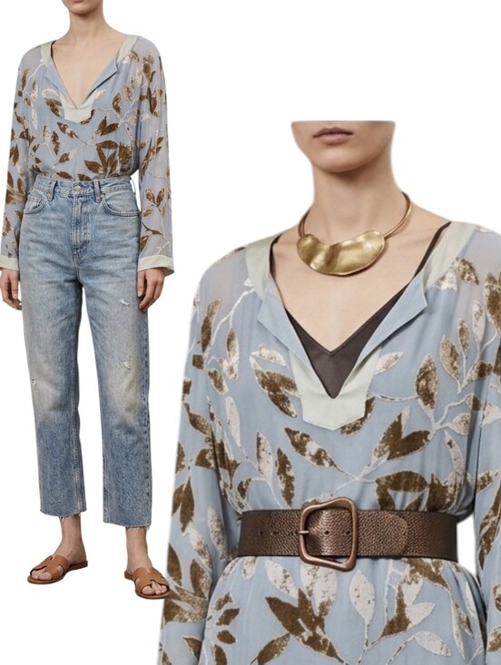 nile Tops - Nile (Swiss Brand) Silk Floral Burnout Velvet  Grey Blue Size M